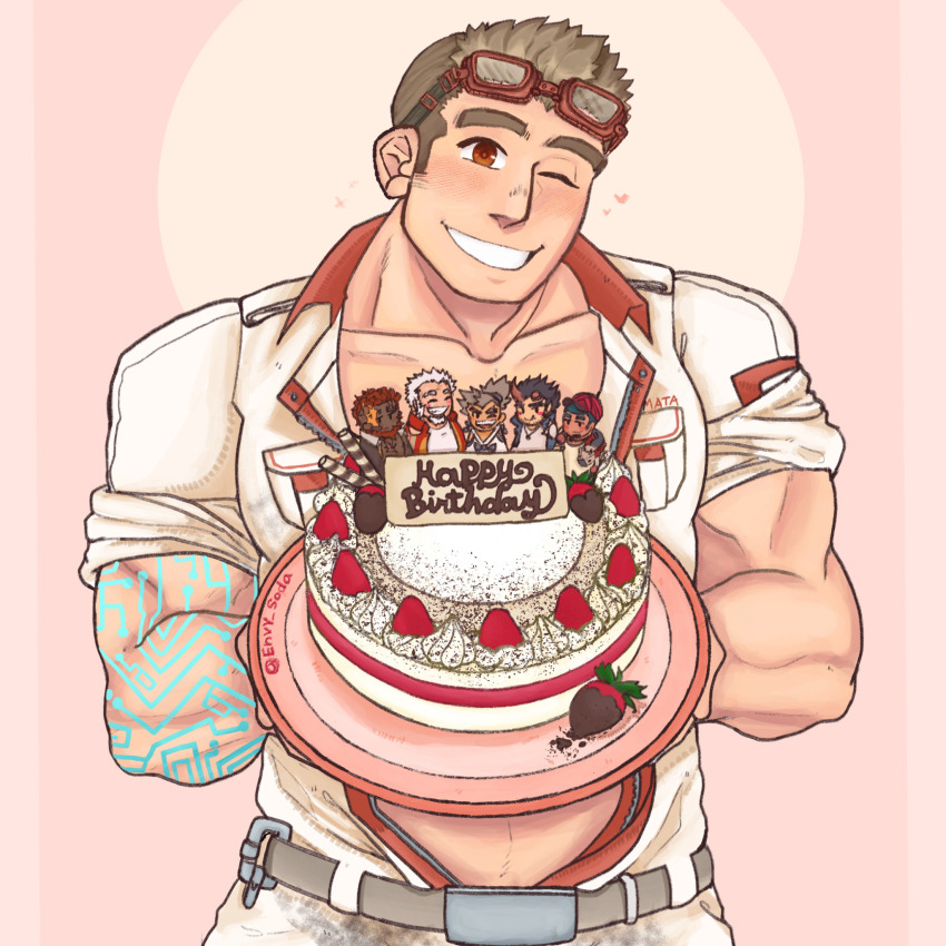 1boy amatsumara_(housamo) bara blush body_markings brown_hair cake character_cake character_request cowboy_shot envysoda facial_hair food from_above goggles goggles_on_head happy_aura happy_birthday head_tilt heart hephaestus_(housamo) highres holding holding_cake holding_food incoming_food kajiya_kurogane large_pectorals male_focus midriff_peek muscular muscular_male one_eye_closed open_jumpsuit pectorals short_hair sideburns_stubble smile solo_focus sparse_navel_hair strawberry_shortcake stubble takemaru_(housamo) thick_eyebrows tokyo_houkago_summoners tvastar_(housamo)