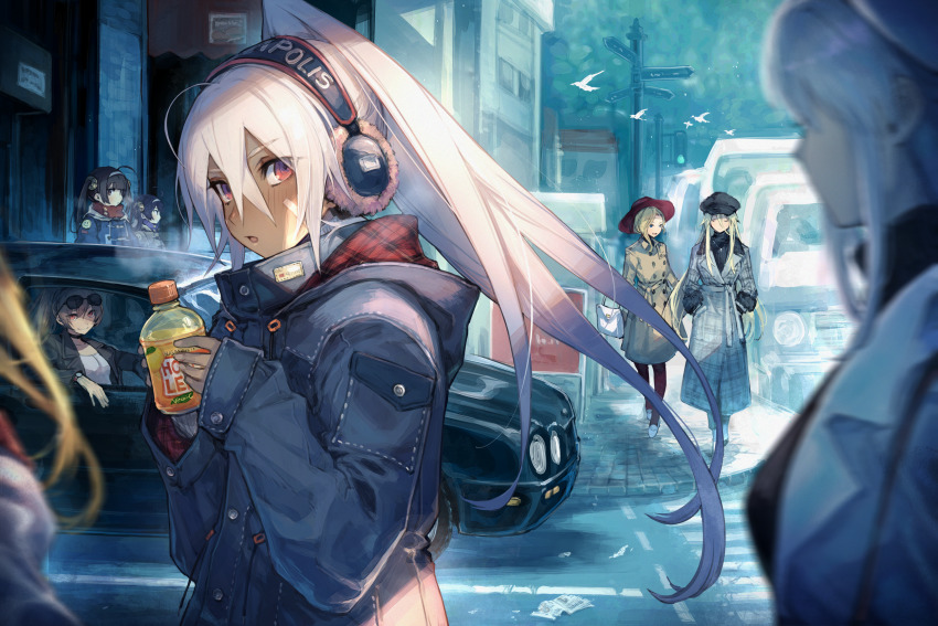 6+girls ahoge alternate_costume azur_lane bag bandaid bandaid_on_face bird bismarck_(azur_lane) black_hair black_headwear blonde_hair blurry brown_hair car cleveland_(azur_lane) cleveland_(road_trip!)_(azur_lane) closed_eyes coat coco_ichibanya crosswalk dark-skinned_female dark_skin day denim depth_of_field drink enterprise_(azur_lane) eyewear_on_head fur_trim hair_between_eyes hairband handbag hands_in_pockets hat headphones high_ponytail highres hood hood_(azur_lane) hooded_coat jean_bart_(azur_lane) lapels long_hair long_sleeves looking_at_viewer mephisto_(angraecum) minneapolis_(azur_lane) minneapolis_(wild_huntress_schoolgirl)_(azur_lane) motor_vehicle multiple_girls ning_hai_(azur_lane) notched_lapels orange_eyes outdoors ping_hai_(azur_lane) plaid ponytail red_eyes red_headwear road road_sign scarf sidelocks sign silver_hair street sunglasses traffic_light turtleneck walking white_footwear