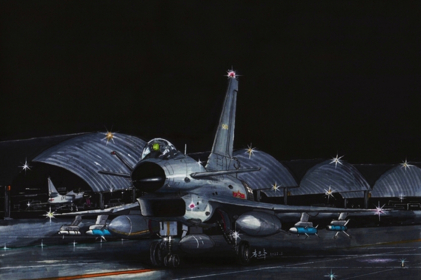 aircraft aircraft_hanger airplane centerline_fuel_tank chengdu_j-10 fighter_jet landing_gear marker_(medium) military_vehicle night no_humans original p.f_lee people&#039;s_liberation_army people&#039;s_liberation_army_air_force runway traditional_media vehicle_focus
