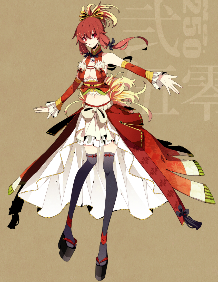 1girl bad_id bad_nicoseiga_id bare_shoulders beige_background bell breasts cleavage detached_sleeves dress female_focus full_body gen_2_pokemon geta highres ho-oh legendary_pokemon long_sleeves looking_at_viewer merlusa midriff multicolored_hair navel nintendo okobo outstretched_arms personification pigeon-toed platform_clogs platform_sandals pokedex_number pokemon red_dress red_eyes red_hair sandals simple_background smile solo standing tabi thighhighs twintails two-tone_hair zettai_ryouiki