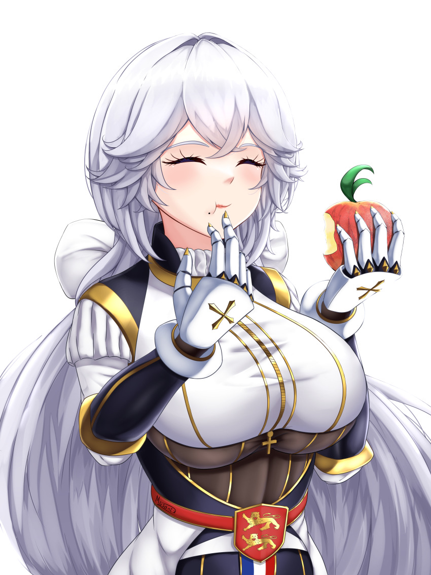 1girl absurdres apple breasts chewing closed_eyes closed_mouth cross eating food french_flag fruit gauntlets hair_tie highres holding holding_food holding_fruit large_breasts lion long_hair musanix normandie_(battleship) original solo white_background white_hair