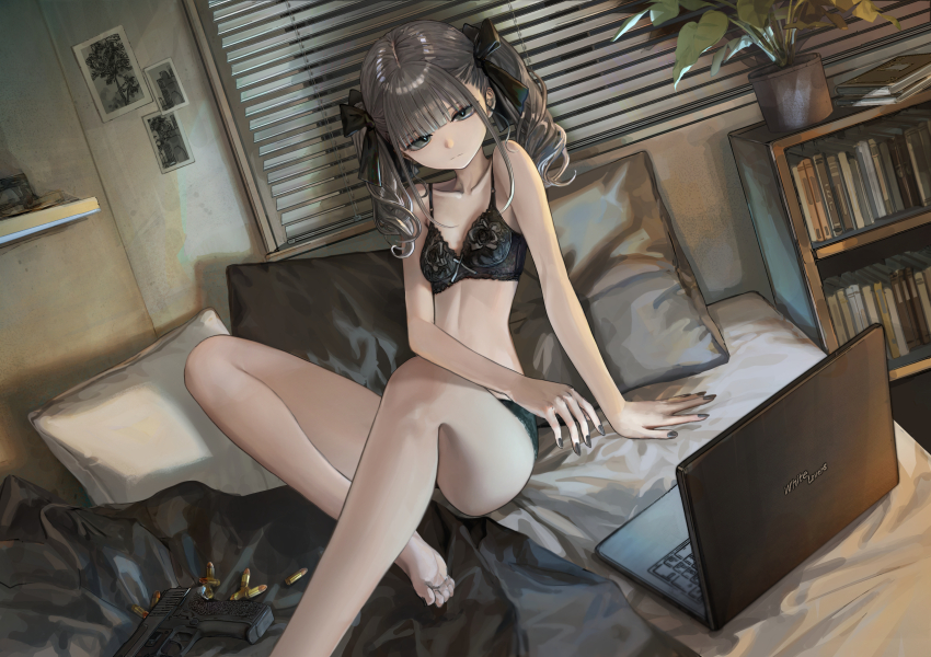 1girl absurdres ammunition bare_arms bare_legs barefoot black_bow black_bra black_nails black_panties blunt_bangs book bow bra breasts bullet cartridge computer drill_hair grey_eyes grey_hair gun hair_bow handgun hashimoto_kokai highres laptop lingerie looking_at_viewer midriff on_bed original panties photo_(object) pillow plant potted_plant sig_p220/p226 sig_sauer sitting small_breasts solo twin_drills twintails underwear underwear_only weapon window window_blinds