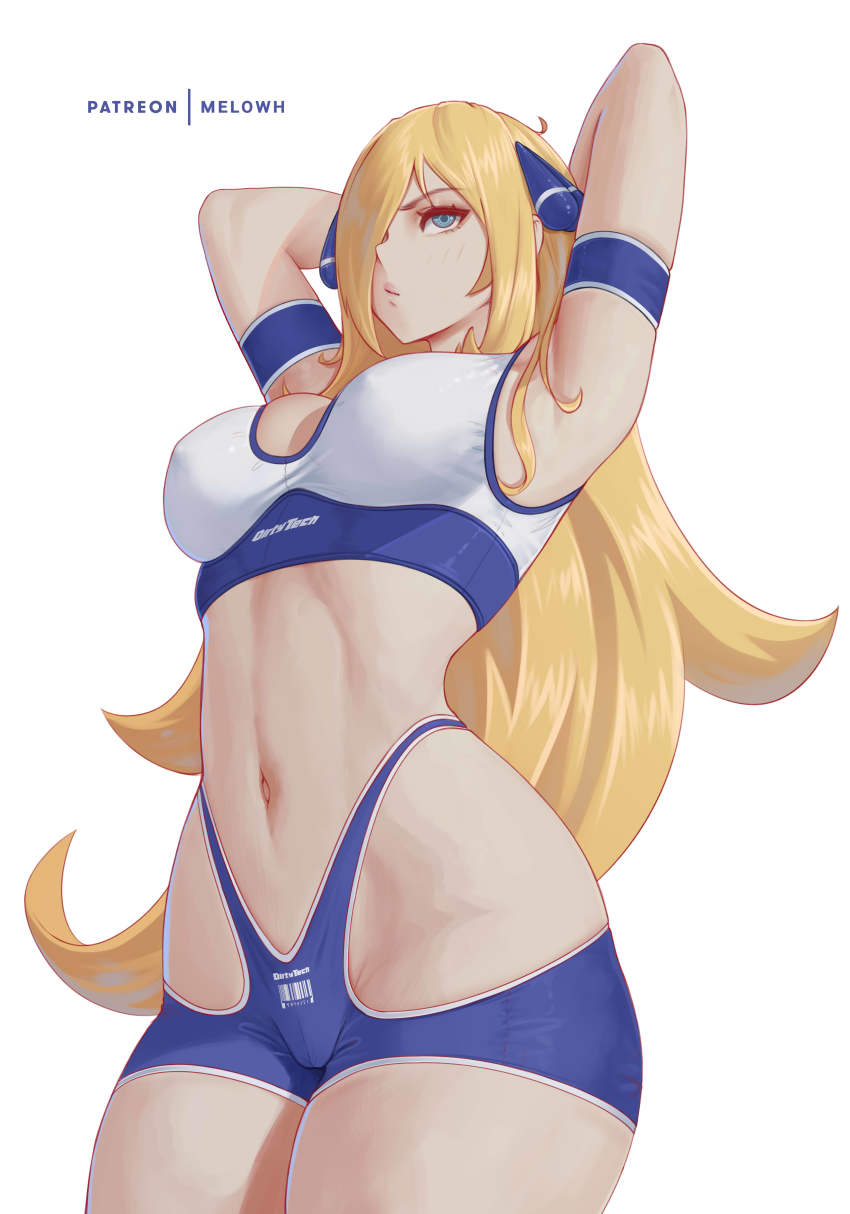 1girl absurdres armband armpits arms_behind_head arms_up bare_shoulders blonde_hair blue_eyes blue_shorts breasts cleavage cynthia_(pokemon) hair_ornament hair_over_one_eye highleg highres large_breasts long_hair melowh micro_shorts navel nintendo pokemon pokemon_dppt shorts solo sports_bra t-back_spats thighs very_long_hair white_sports_bra
