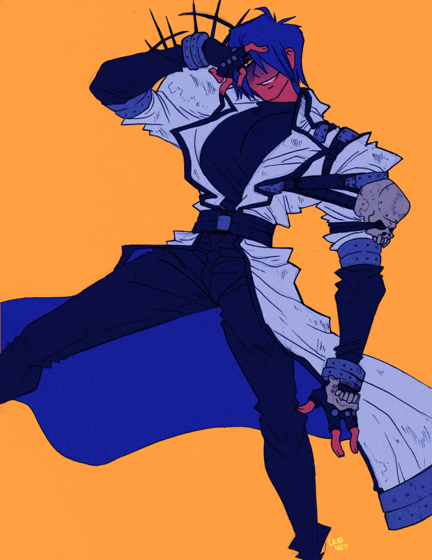 1boy artist_name belt belt_around_waist black_pants blue_hair bracelet coat elbow_gloves feet_out_of_frame fingerless_gloves flat_color gloves grin hair_over_one_eye hand_on_own_face high_contrast highres jewelry lapels leg_up legato_bluesummers male_focus multiple_belts open_clothes open_coat orange_background pants partially_shaded_face shirt shoulder_spikes signature skull_ornament smile solo spacerocketbunny spikes standing standing_on_one_leg trigun trigun_maximum turtleneck turtleneck_shirt white_coat yellow_eyes