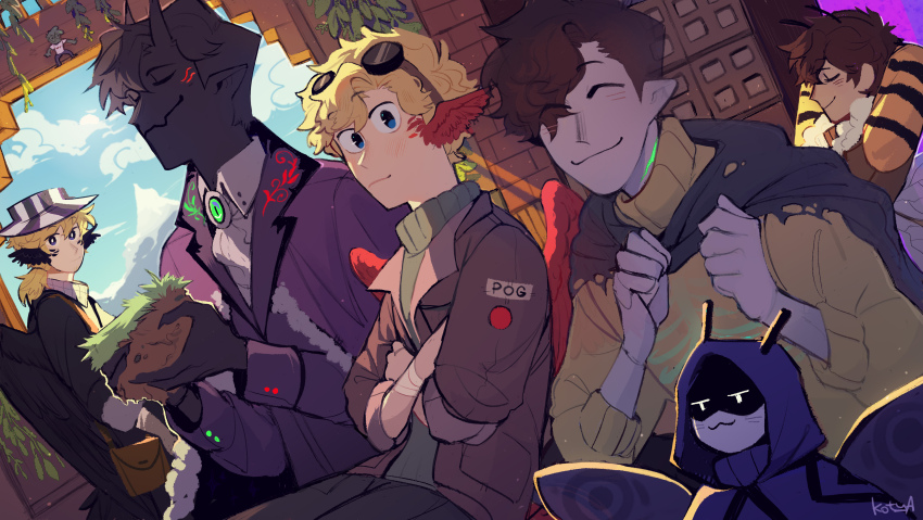 6+boys :3 ^_^ absurdres animification antennae ascot bee_boy bee_wings bird_boy bird_wings black_hair black_skin black_wings block_(minecraft) blonde_hair blue_eyes blue_wings blush brown_hair brown_jacket cape closed_eyes coat colored_skin commentary crossed_arms eye_of_ender fang fur-trimmed_jacket fur_trim goggles goggles_on_head green_sweater grey_hair grey_skin hashtag-only_commentary head_wings highres hood hood_up horns insect_wings jacket kotya_(kotyaaaaaaaaaal) looking_at_viewer male_focus medium_hair minecraft minecraft_youtube mini_person miniboy monster_boy moth_boy moth_wings multiple_boys origins_smp outdoors ph1lza ph1lza_(elytrian) pointy_ears ponytail purple_coat ranboo ranboo_(enderian) red_wings short_hair short_ponytail skin_fang sky slime_boy slimecicle sneegsnag sweater tommyinnit tommyinnit_(avian) tubbo tubbo_(bumblebee) wavy_hair wilbur_soot wilbur_soot_(phantom) wings yellow_sweater