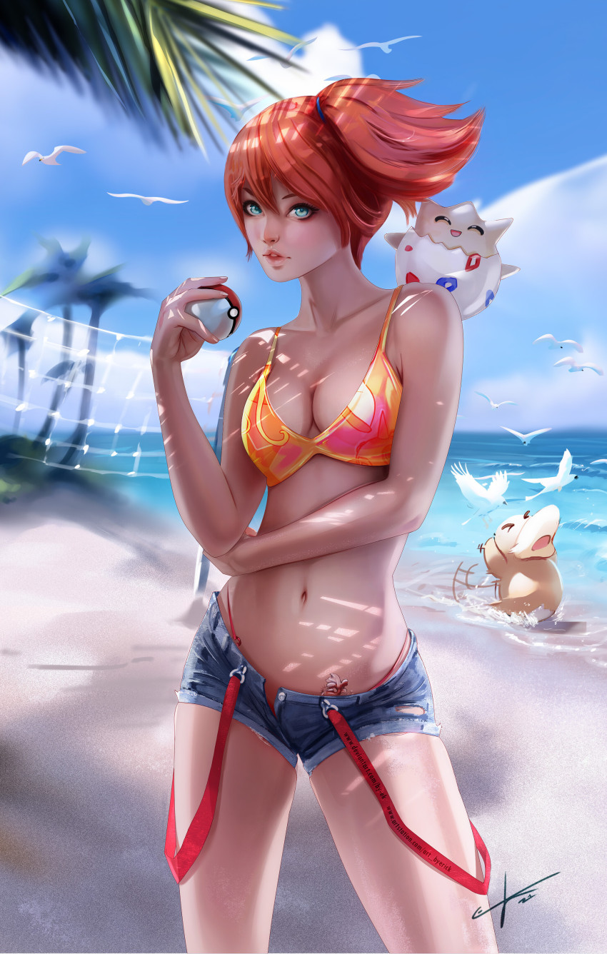 1girl absurdres asymmetrical_hair beach blush bra breasts by-ek eyelashes gen_1_pokemon gen_2_pokemon goldeen green_eyes gym_leader hair_between_eyes hair_tie highres holding holding_poke_ball misty_(pokemon) navel nintendo open_mouth orange_hair poke_ball pokemon pokemon_(anime) pokemon_(classic_anime) ponytail psyduck sand short_hair short_shorts shorts side_ponytail suspenders tattoo togepi underwear water