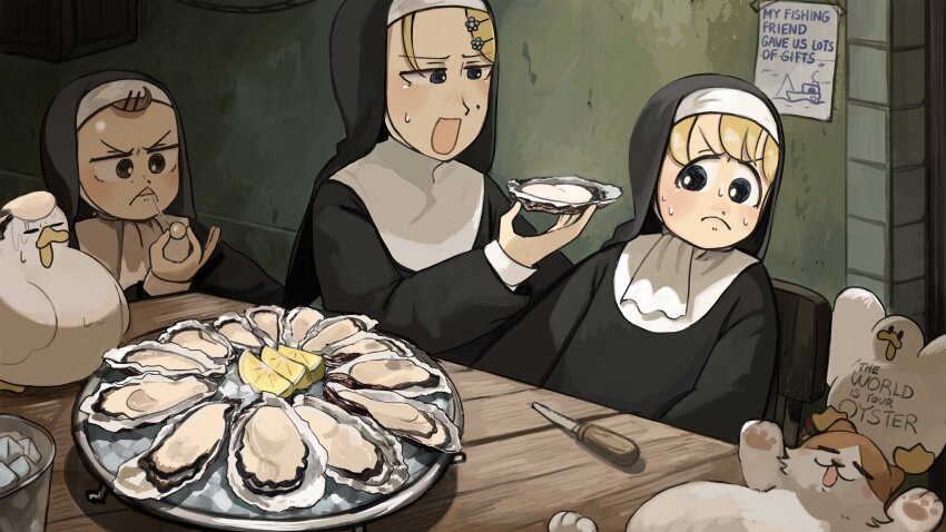 3girls bird blonde_hair blue_eyes body_writing brown_eyes brown_hair cat chicken clumsy_nun_(diva) commentary diva_(hyxpk) duck english_commentary food froggy_nun_(diva) fruit highres lemon little_nuns_(diva) mole mole_on_cheek multiple_girls nun oyster strict_nun_(diva) traditional_nun