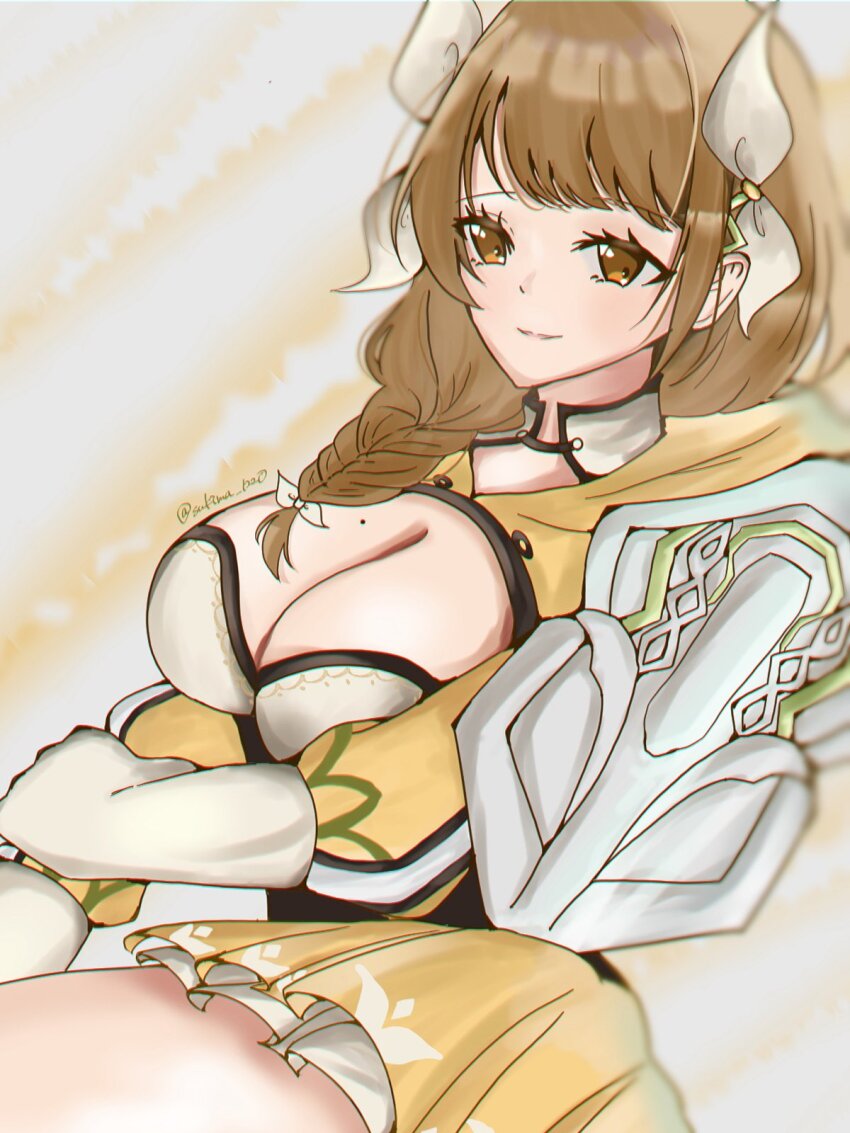 1girl black_corset braid braided_ponytail breasts brown_eyes brown_hair cleavage corset fire_emblem fire_emblem_engage goldmary_(fire_emblem) highres hooded_top large_breasts low_ponytail nintendo ponytail ribbon single_shoulder_pad skirt sukima_1220 white_ribbon yellow_skirt