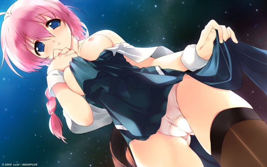 1girl ahoge blue_eyes blush braid breast_press breasts breasts_out brown_thighhighs cameltoe clothes_lift clothes_pull company_name cowboy_shot dated dutch_angle female_focus from_below hair_between_eyes hand_on_own_chest highres kimi_ga_yobu_megiddo_no_oka_de leaf_(studio) long_hair looking_at_viewer manaka_de_ikuno!! maria_loco night night_sky nipples no_bra official_art official_wallpaper outdoors panties parted_lips pink_hair shirt_pull side_slit single_braid skirt skirt_hold skirt_lift sky solo standing star_(sky) starry_sky thighhighs underwear white_panties