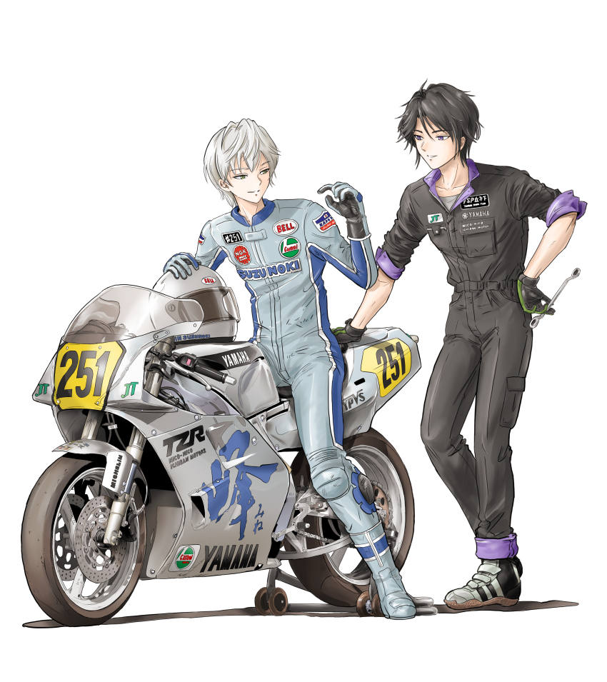 2boys absurdres biker_clothes bikesuit black_gloves black_hair black_jumpsuit blue_jumpsuit bodysuit castrol collarbone gloves grey_eyes grey_footwear grey_hair grey_headwear grey_shirt hair_behind_ear hand_on_own_hip unworn_headwear helmet unworn_helmet highres holding jumpsuit male_focus multiple_boys original parted_lips pointing racing_suit sakuma_masanori shadow shirt simple_background smile torque_wrench vehicle_focus white_background yamaha yamaha_tzr250