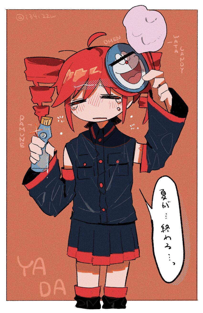 1girl =_= ahoge arm_up black_shirt black_skirt blush bottle censored censored_identity character_mask collared_shirt cotton_candy cropped_legs detached_sleeves doraemon doraemon_(character) drill_hair english_text food hand_up highres holding holding_bottle holding_cotton_candy holding_food izayoi_(i34i22w) kasane_teto kasane_teto_(utau) mask open_mouth ramune red_hair shirt short_hair skirt sleeveless sleeveless_shirt solo speech_bubble standing tearing_up twin_drills twitter_username utau watermark
