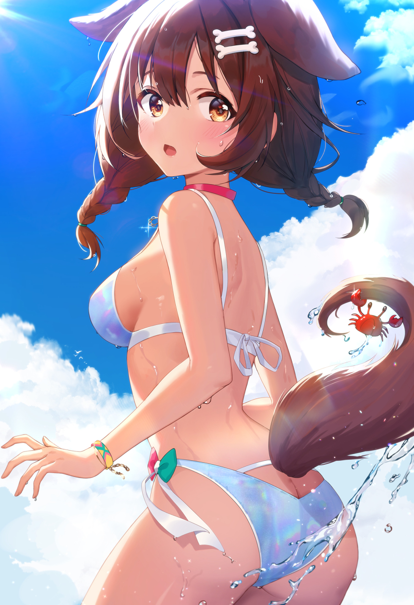 1girl :o animal_ears ass back bare_arms bare_shoulders bikini bird blue_sky bone_hair_ornament braid breasts brown_eyes brown_hair butt_crack choker clothing_cutout cloud cowboy_shot crab day dog_ears dog_girl dog_tail from_behind hair_between_eyes hair_ornament highres hololive inugami_korone looking_at_viewer looking_back medium_breasts open_mouth outdoors pink_choker pn_(wnsl216) sideboob sky solo sparkle splashing swimsuit tail tail_through_clothes twin_braids virtual_youtuber water white_bikini wristband