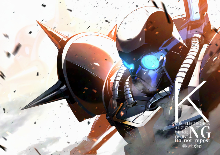 blue_eyes commentary_request crossbone_vanguard debris den&#039;an_zon eye_trail glowing glowing_eyes gundam gundam_f91 highres holding holding_weapon kuri_giepi light_trail mecha mecha_focus mobile_suit no_humans robot science_fiction shoulder_spikes solo spikes twitter_username upper_body weapon white_background