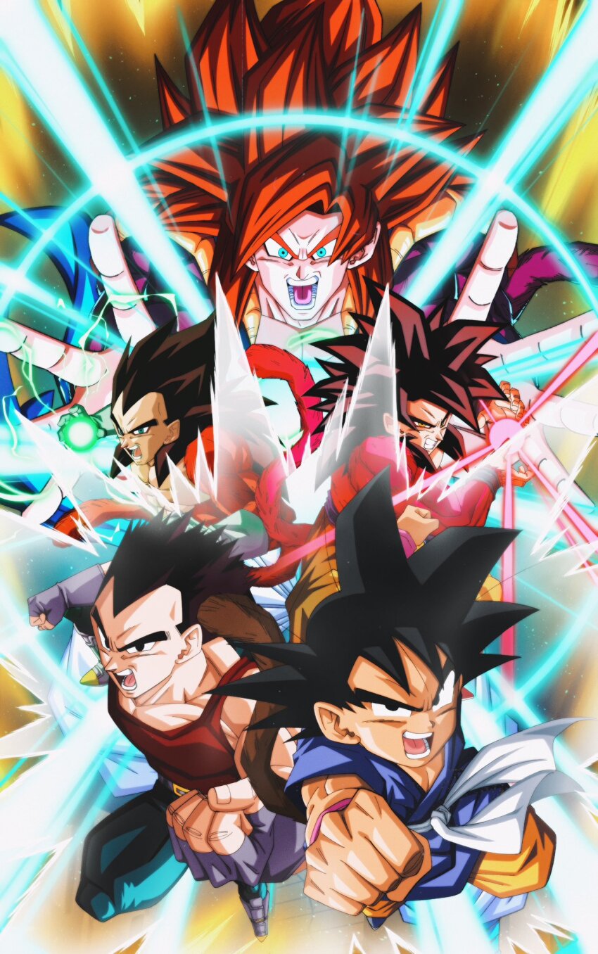 big_bang_kamehameha black_eyes black_hair blue_eyes blue_sash body_fur denim dragon_ball dragon_ball_gt energy_ball energy_beam final_shine_attack gloves gogeta highres incoming_attack kamehameha_(dragon_ball) kamehameha_10x long_hair looking_at_viewer male_focus metamoran_vest monkey_boy monkey_tail multiple_boys multiple_persona muscular muscular_male no_nipples open_mouth pants pectorals powering_up red_fur saiyan sash son_goku spiked_hair super_saiyan super_saiyan_4 taidon0879 tail tank_top teeth vegeta yellow_pants