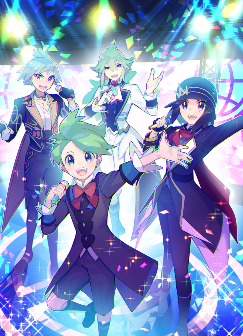 4boys alternate_color black_footwear black_hair black_headwear blue_eyes blue_hair bow bowtie calem_(champion)_(pokemon) calem_(pokemon) fingerless_gloves gloves green_hair grey_eyes highres holding holding_microphone male_focus microphone mitsuha_(bless_blessing) multiple_boys n_(anniversary_2021)_(pokemon) n_(pokemon) nintendo official_alternate_costume outstretched_arm pokemon pokemon_masters_ex screen smile sparkle stage_lights standing steven_stone steven_stone_(anniversary_2021) wally_(pokemon) wally_(sygna_suit)_(pokemon)