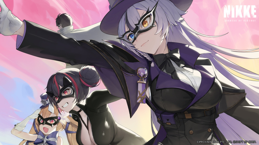 1boy 3girls absurdres artist_request black_hair blue_eyes bow breasts brown_hair cape cleavage closed_mouth commander_(nikke) commentary cropped dress elbow_gloves english_commentary eye_mask gloves goddess_of_victory:_nikke grey_hair hat heterochromia highres large_breasts long_sleeves miranda_(nikke) miranda_(thief_of_justice)_(nikke) miranda_(thief_of_justice_)_(nikke) multicolored_hair multiple_girls official_art phantom_(nikke) pink_eyes pink_hair purple_bow purple_dress quency_(escape_queen)_(nikke) quency_(nikke) second-party_source short_hair smile standing teeth top_hat white_gloves yellow_eyes