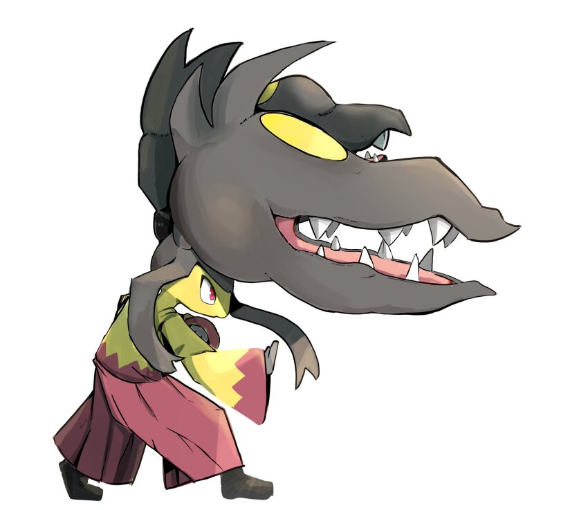 1other black_hair colored_skin commentary dai_roku_ten_mao extra_mouth gen_3_pokemon highres looking_up mawile mega_mawile mega_pokemon nintendo open_mouth other_focus pokemon pokemon_(creature) sidelocks simple_background solo standing teeth white_background yellow_skin