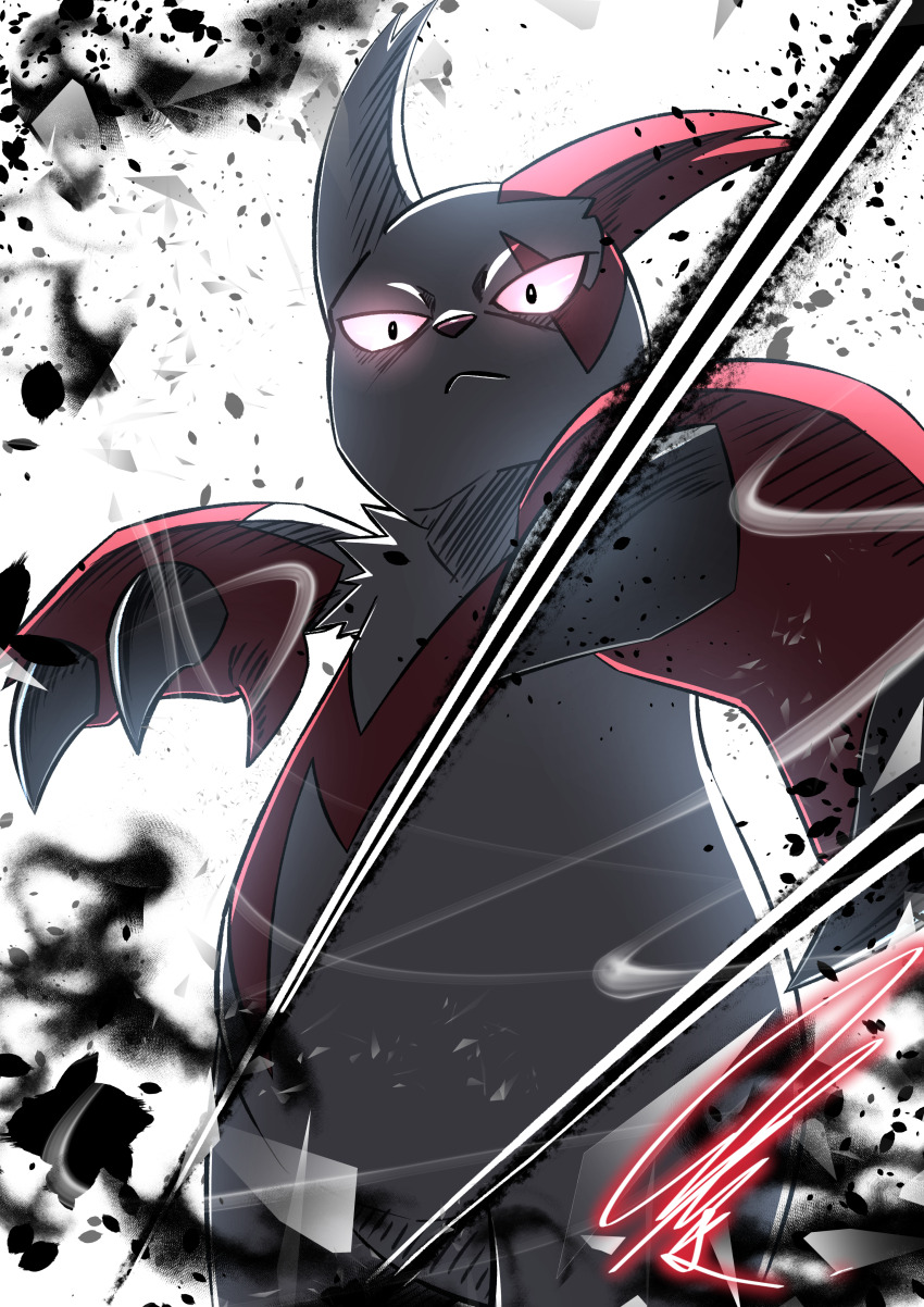 absurdres animal_hands black_claws black_eyes claws colored_skin debris game_freak gen_3_pokemon glowing glowing_eyes grey_skin highres ink_splatter looking_at_viewer mitsukuma448 motion_lines nintendo no_humans pokemon pokemon_(creature) signature solo zangoose