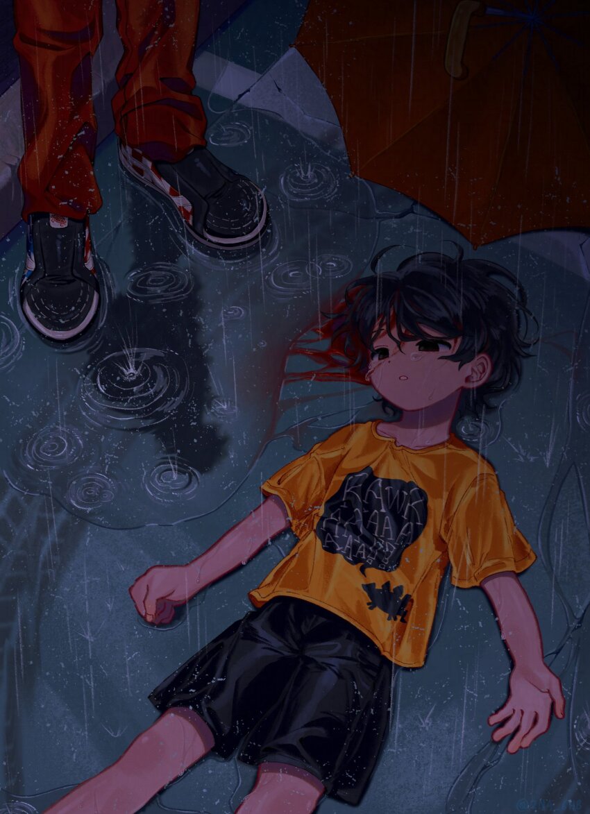 1boy aged_down black_eyes black_hair black_shorts blood blood_on_face child dual_persona empty_eyes highres houjou_emu injury kamen_rider kamen_rider_ex-aid_(series) korean_commentary male_focus max_(2n4_6h8) outdoors pants parted_lips puddle rain red_pants shirt shoes short_hair shorts sneakers tears tokusatsu umbrella water wet wet_clothes yellow_shirt