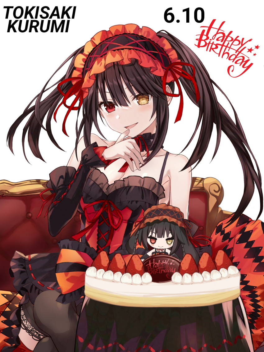 1girl birthday_cake black_thighhighs brown_hair cake character_name chibi crossed_legs date_a_live dated dress food frilled_dress frills happy_birthday heterochromia highres looking_at_viewer open_mouth red_dress red_eyes saint_laurent_paris smile solo thighhighs tokisaki_kurumi yellow_eyes