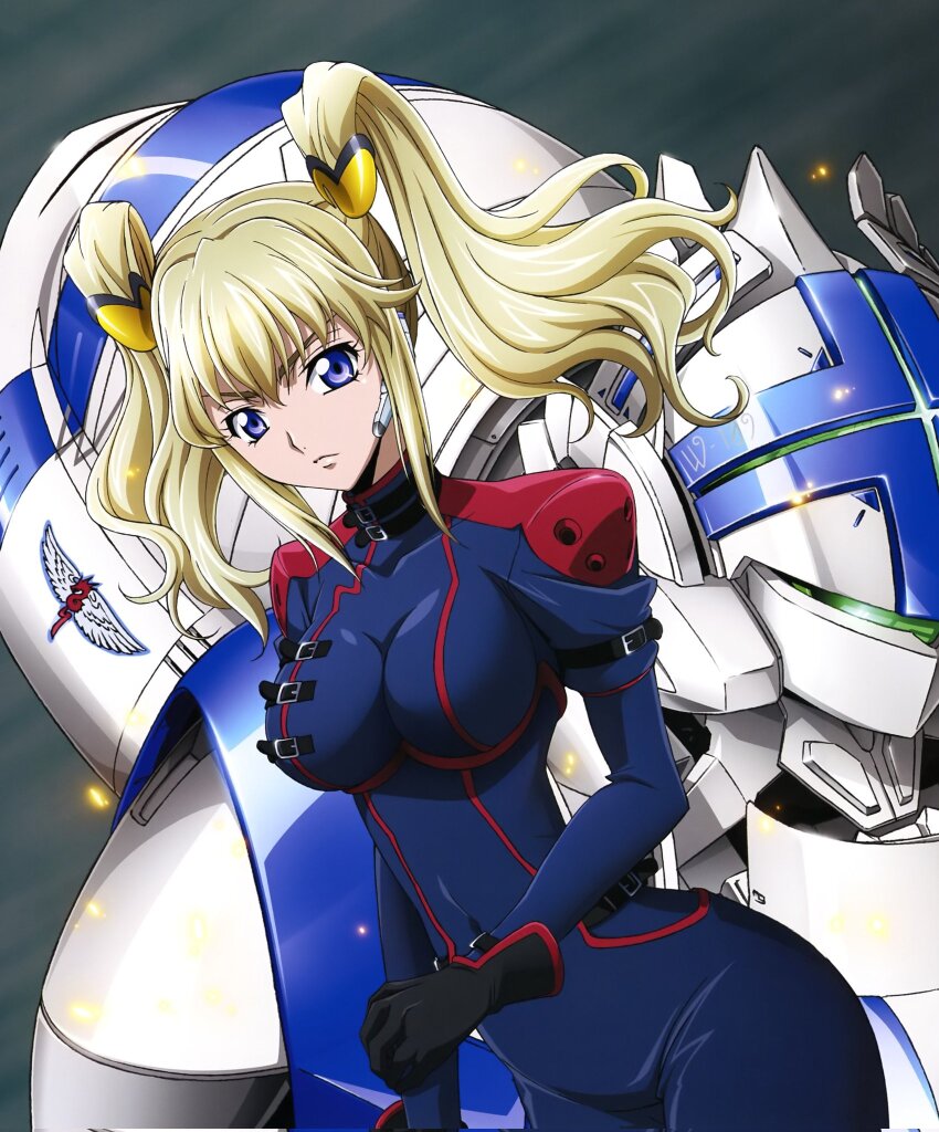 1girl blonde_hair blue_eyes code_geass code_geass:_boukoku_no_akito knightmare_frame leila_malcal mecha mecha_pilot_suit robot skin_tight solo tagme