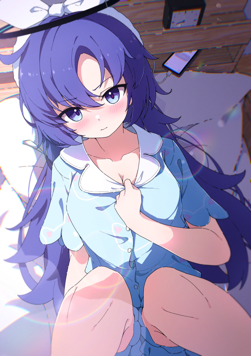 1girl absurdres alarm_clock black_halo blue_archive blue_eyes blue_pajamas blue_shirt blurry blush bow breasts buttons cleavage clenched_hand clock closed_mouth collarbone commentary depth_of_field dutch_angle embarrassed feet_out_of_frame from_above hair_between_eyes hair_bow hair_down hairband halo hand_up highres indoors knees_up lens_flare long_hair looking_at_viewer mechanical_halo medium_breasts moru_(moru20000) nose_blush official_alternate_costume official_alternate_hairstyle on_bed pajamas pillow pink_pupils purple_hair shirt short_sleeves sidelighting sitting solo tsurime v-shaped_eyebrows very_long_hair wavy_mouth white_bow white_hairband yuuka_(blue_archive) yuuka_(pajamas)_(blue_archive)