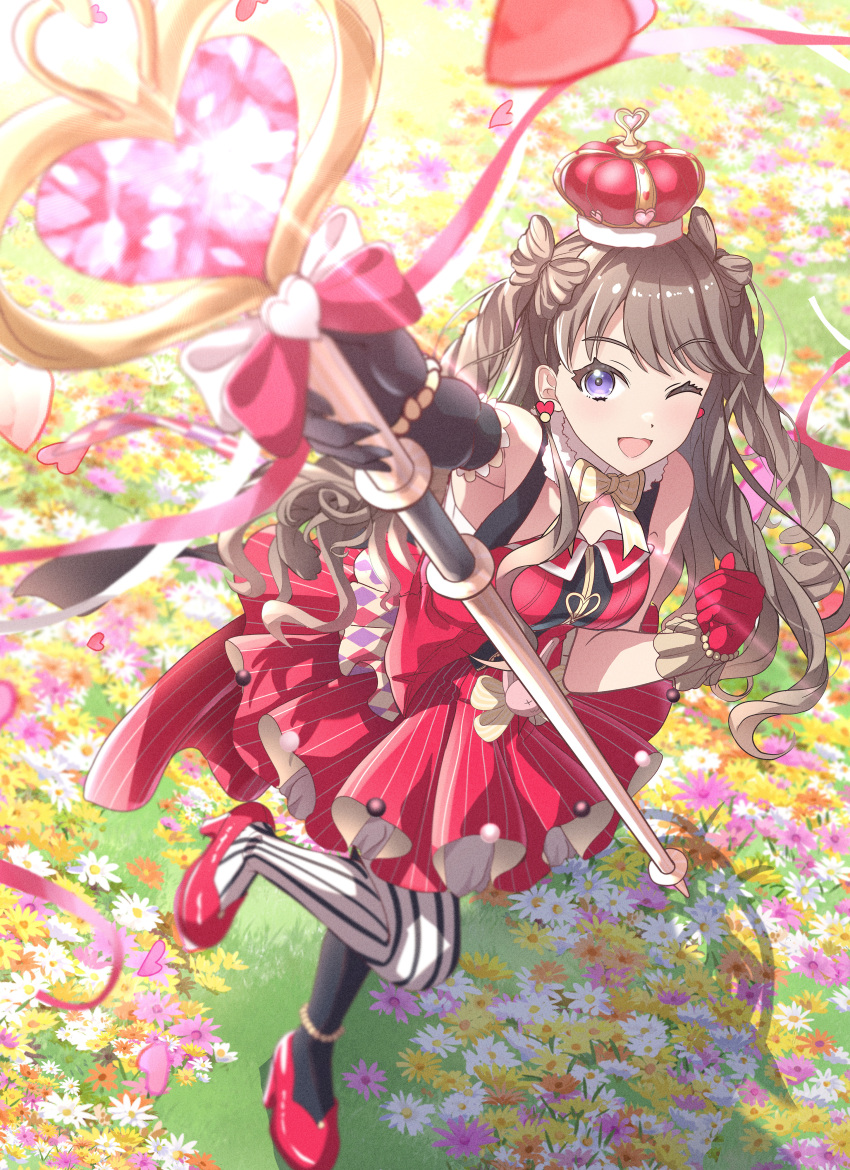 1girl ;d absurdres arched_crown asymmetrical_gloves asymmetrical_legwear bare_shoulders black_gloves black_pantyhose bow bow-shaped_hair bowtie breasts citrusmikan commentary crown dress drill_hair elbow_gloves fujishima_megumi full_body gloves heart-shaped_gem high_heels highres holding holding_staff large_breasts link!_like!_love_live! love_live! mismatched_gloves mismatched_legwear official_alternate_costume one_eye_closed open_mouth panties pantyhose pinstripe_dress pinstripe_pattern red_crown red_dress red_gloves red_shoes shoes single_elbow_glove sleeveless sleeveless_dress smile solo staff standing standing_on_one_leg striped_clothes striped_pantyhose twin_drills two_side_up underwear uneven_gloves vertical-striped_clothes vertical-striped_pantyhose virtual_youtuber white_panties yellow_bow yellow_bowtie zenhoi_kyun