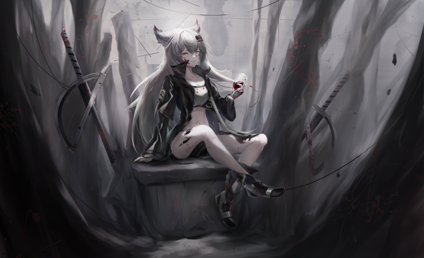 1girl absurdres alcohol animal_ear_fluff animal_ears arknights bandeau black_boots black_coat black_jacket black_nails black_shorts blood blood_on_clothes blood_on_face blood_splatter boots breasts coat cup dandandan668 drinking_glass fingerless_gloves gloves grey_bandeau grey_hair hair_between_eyes hair_ornament hairclip highres holding holding_cup jacket lappland_(arknights) long_hair long_sleeves looking_at_viewer material_growth nail_polish navel open_mouth oripathy_lesion_(arknights) scar scar_across_eye scar_on_face shorts sitting solo sword thighs weapon wide_sleeves wine wine_glass wolf_ears wolf_girl yellow_eyes