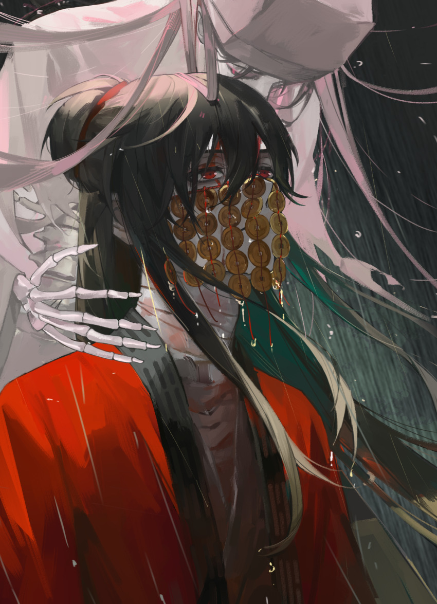 2boys bandaged_chest bandaged_neck bandages black_hair blood blood_on_face bone chinese_clothes chinese_commentary closed_eyes coat coin coin_mask covered_mouth crying dao_gui_yi_xian dripping exposed_bone ghost grey_hanfu hair_between_eyes hair_bun hanfu hat hat_ribbon highres holed_coin jin_(headwear) li_huowang long_hair looking_up male_focus mask mouth_veil multiple_boys night rain red_coat red_eyes ribbon robe single_hair_bun skeletal_body skeletal_hand skeleton spine torn_clothes upper_body veil very_long_hair water_drop wet white_hanfu white_hat womumumu yaoi zhouzi_jin_(headwear) zhuge_yuan