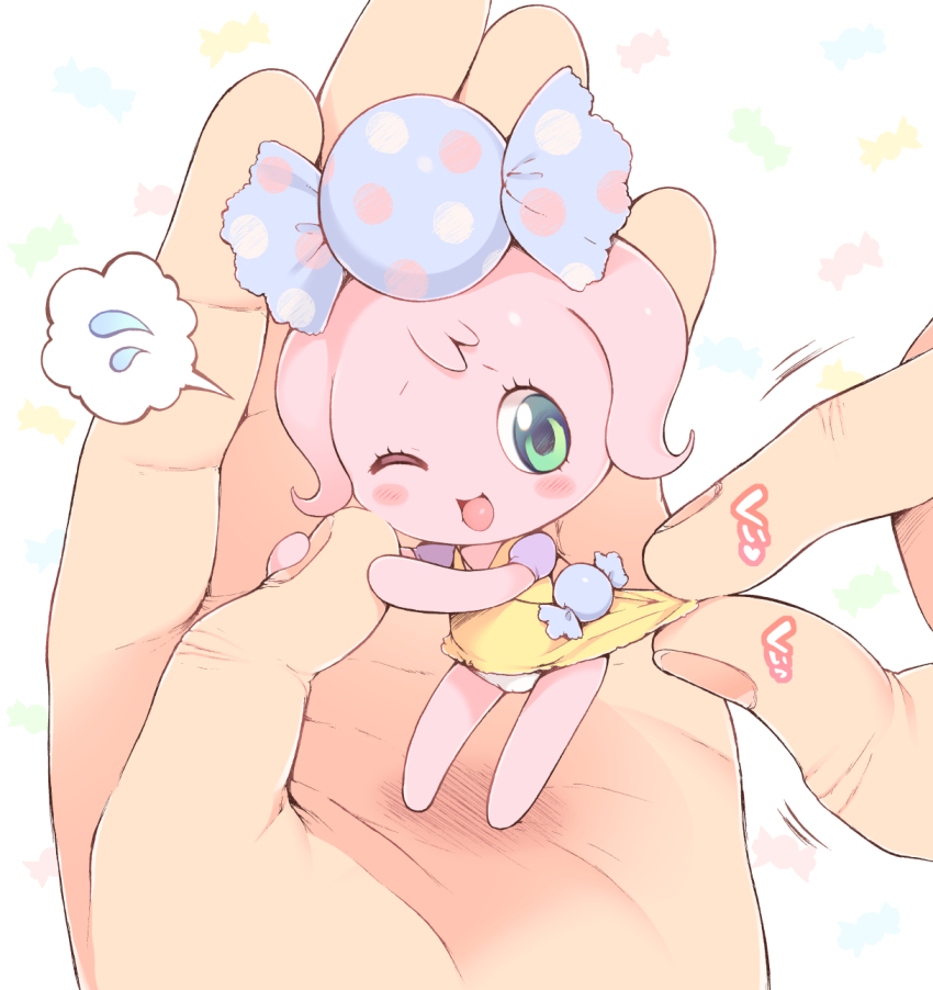 1girl blush_stickers candy candy_pakupaku candy_super_quick candy_super_quick_pass_and_smile_sparktchi clothes_pull colored_skin commentary_request dress_pull eyelashes food green_eyes highres in_palm koorizu mini_person minigirl monster_girl one_eye_closed panties pass_and_smile_sparktchi pink_skin smile solo_focus spoken_sweat spoken_sweatdrop standing sweatdrop tamagotchi tamagotchi!_(anime) tamagotchi!_miracle_friends tamagotchi_(creature) underwear white_panties