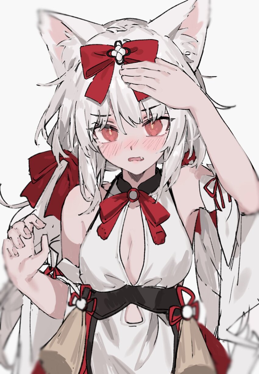 1girl animal_ear_fluff animal_ears aogisa azur_lane bare_shoulders blush bow cat_ears cat_girl detached_sleeves dress fang hair_bow hands_up highres long_hair looking_at_viewer low_twintails official_alternate_costume open_mouth red_bow red_eyes simple_background sketch solo twintails upper_body wavy_mouth white_background white_dress white_hair white_sleeves wide_sleeves yukikaze_(azur_lane) yukikaze_(winter&#039;s_snowy_wind)_(azur_lane)