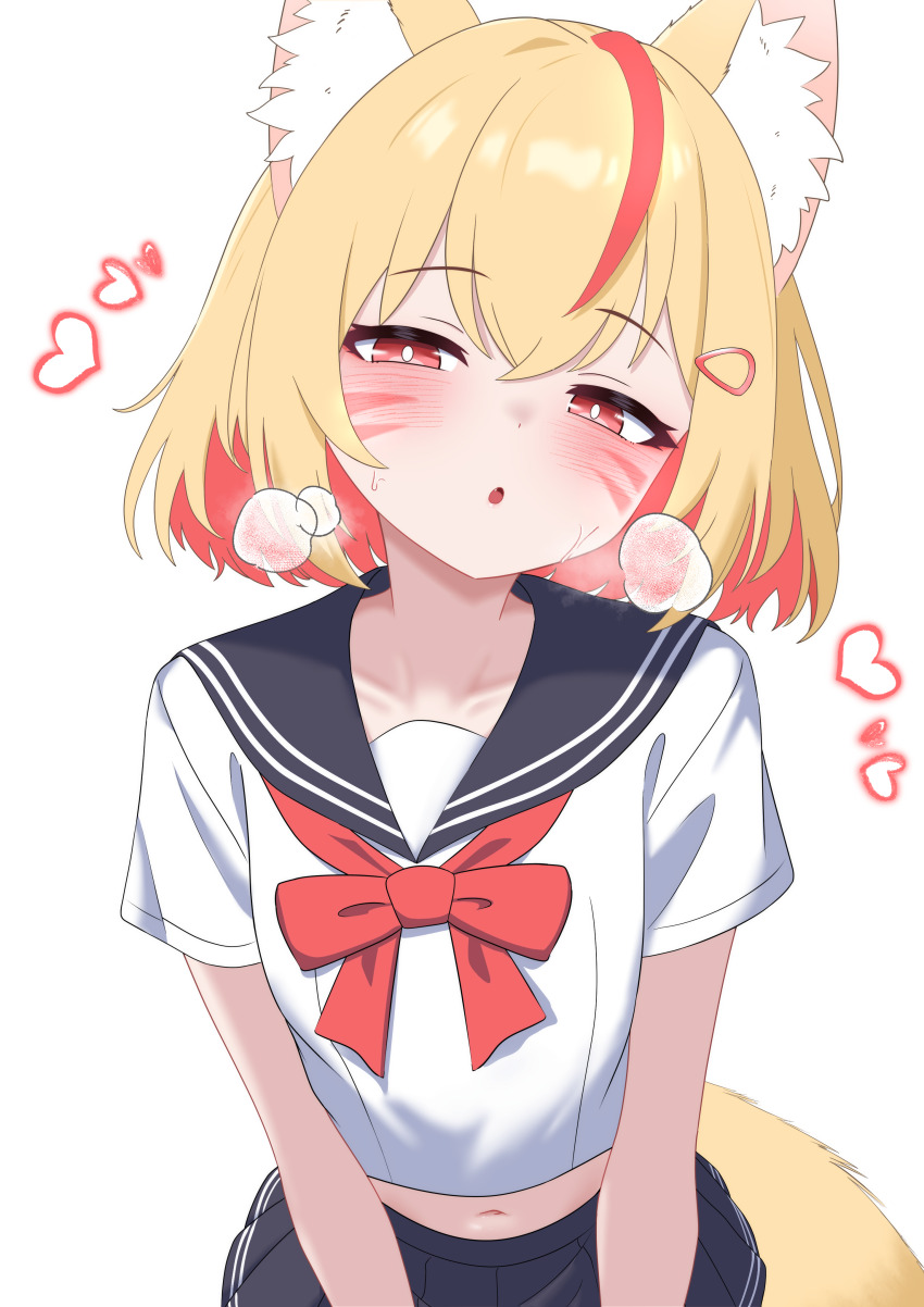 1girl absurdres animal_ears black_sailor_collar black_skirt blonde_hair bow bowtie bright_pupils colored_inner_hair cowboy_shot crop_top fox_ears fox_tail hair_ornament hairclip heart heavy_breathing highres looking_at_viewer midriff miniskirt multicolored_hair navel oldsickkim original parted_lips pleated_skirt red_bow red_bowtie red_eyes red_hair sailor_collar school_uniform serafuku shirt short_hair short_sleeves simple_background skirt solo streaked_hair sweat tail two-tone_hair white_background white_shirt