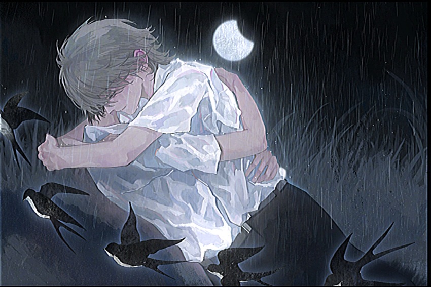 2boys belt bird black_bird black_hair black_pants closed_eyes closed_mouth cowboy_shot from_side gibbous_moon grass grey_hair hair_between_eyes hand_on_own_elbow highres hug ikari_shinji male_focus moon multiple_boys nagisa_kaworu neon_genesis_evangelion night outdoors pants profile rain shirt short_hair tall_grass white_shirt yaoi yibei_toseri