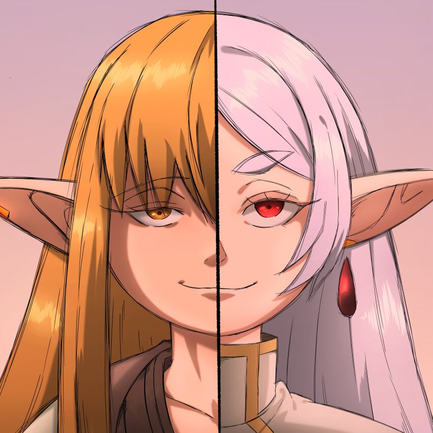 2girls absurdres alternate_eye_color basedlida blonde_hair closed_mouth commentary earrings elf frieren grey_hair highres jewelry long_hair long_pointy_ears looking_at_viewer multiple_girls pointy_ears portrait red_eyes serie_(sousou_no_frieren) short_eyebrows sidelocks simple_background smile sousou_no_frieren split_theme straight-on thick_eyebrows yellow_eyes