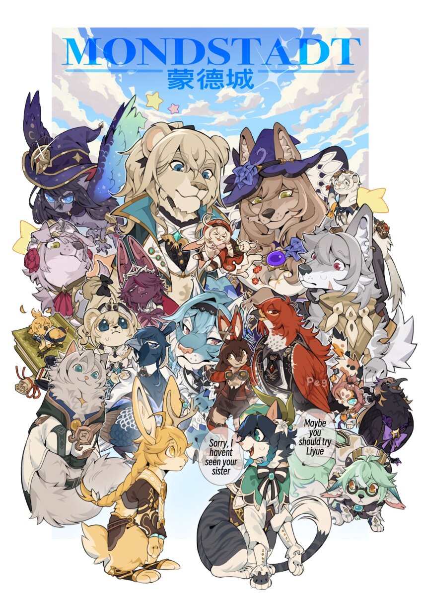 aether_(genshin_impact) albedo_(genshin_impact) amber_(genshin_impact) animal animalization barbara_(genshin_impact) bat_(animal) bennett_(genshin_impact) bird blonde_hair blue_eyes blue_hair braid brown_hair cat clothed_animal diluc_(genshin_impact) diona_(genshin_impact) dog english_text eula_(genshin_impact) everyone fischl_(genshin_impact) genshin_impact green_hair grey_hair hat heyitspegkat highres jean_(genshin_impact) kaeya_(genshin_impact) klee_(genshin_impact) lion lisa_(genshin_impact) looking_back mika_(genshin_impact) mona_(genshin_impact) no_humans noelle_(genshin_impact) orange_eyes rabbit razor_(genshin_impact) red_eyes rosaria_(genshin_impact) smile sucrose_(genshin_impact) tiger venti_(genshin_impact) weasel wolf yellow_eyes