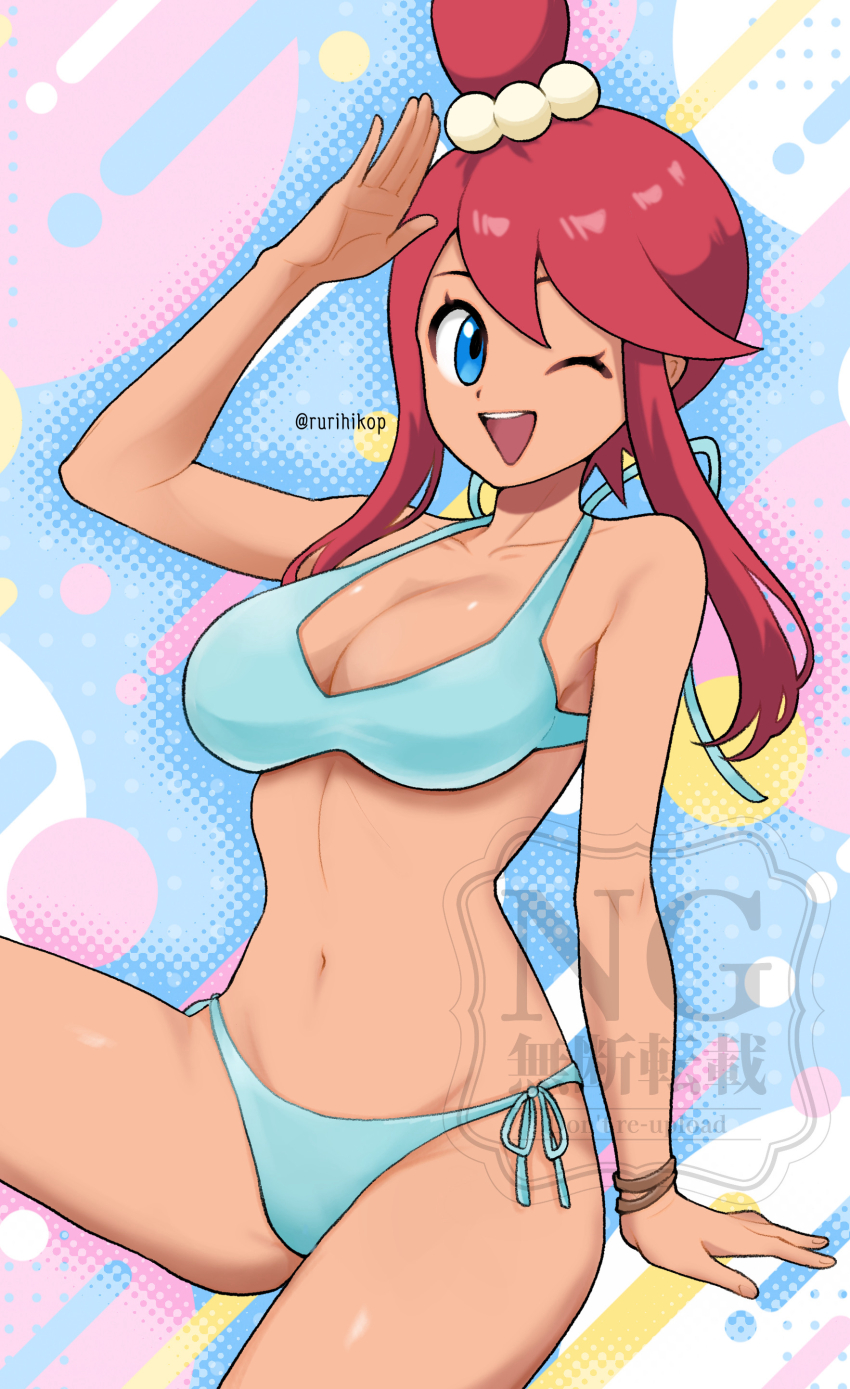 1girl ;d absurdres adapted_costume arm_up beads bikini blue_bikini blue_eyes breasts collarbone commentary_request eyelashes hair_beads hair_ornament happy highres navel nintendo one_eye_closed one_side_up open_mouth pokemon pokemon_masters_ex red_hair rurihikop side-tie_bikini_bottom sidelocks skyla_(pokemon) skyla_(summer_2025)_(pokemon) smile solo swimsuit teeth twitter_username upper_teeth_only watermark