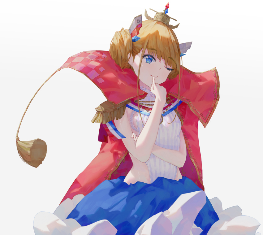 1girl azur_lane blonde_hair blue_eyes cape clothing_cutout cowboy_shot double_bun epaulettes finger_to_mouth french_flag hair_bun highres le_triomphant_(azur_lane) naycot one_eye_closed red_cape side_cutout sideless_outfit simple_background solo tutu white_background