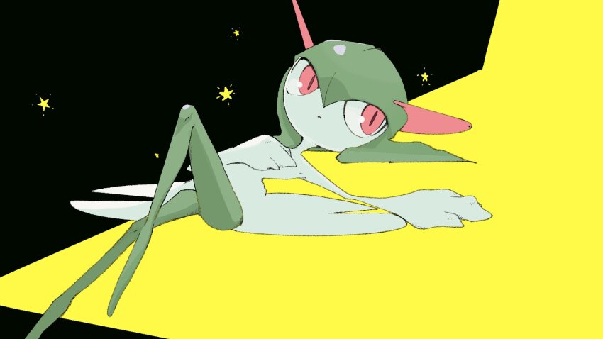 black_background colored_skin gen_3_pokemon green_hair green_skin highres horns kirlia lying multicolored_skin mxlaghrsuk33yws nintendo no_feet on_back parted_lips pokemon pokemon_(creature) sidelocks simple_background star_(symbol) two-tone_background two-tone_skin white_skin yellow_background