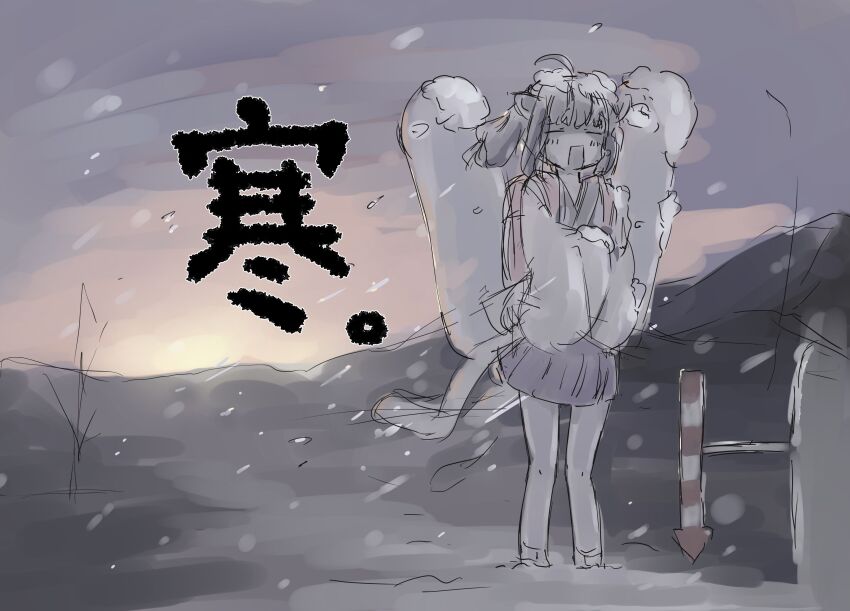 1girl absurdres back_bow backpack bag black_hair blush bow closed_eyes cloud cloudy_sky cold commentary crossed_arms frozen highres japanese_clothes kimono kiritanpo_(food) knife_hair_ornament mountainous_horizon open_mouth outdoors oversized_food oversized_object pleated_skirt randoseru sakurai_akira short_hair short_kimono sketch skirt sky snow snow_on_head snowing socks solo standing sunrise touhoku_kiritan voiceroid white_socks wide_shot winter