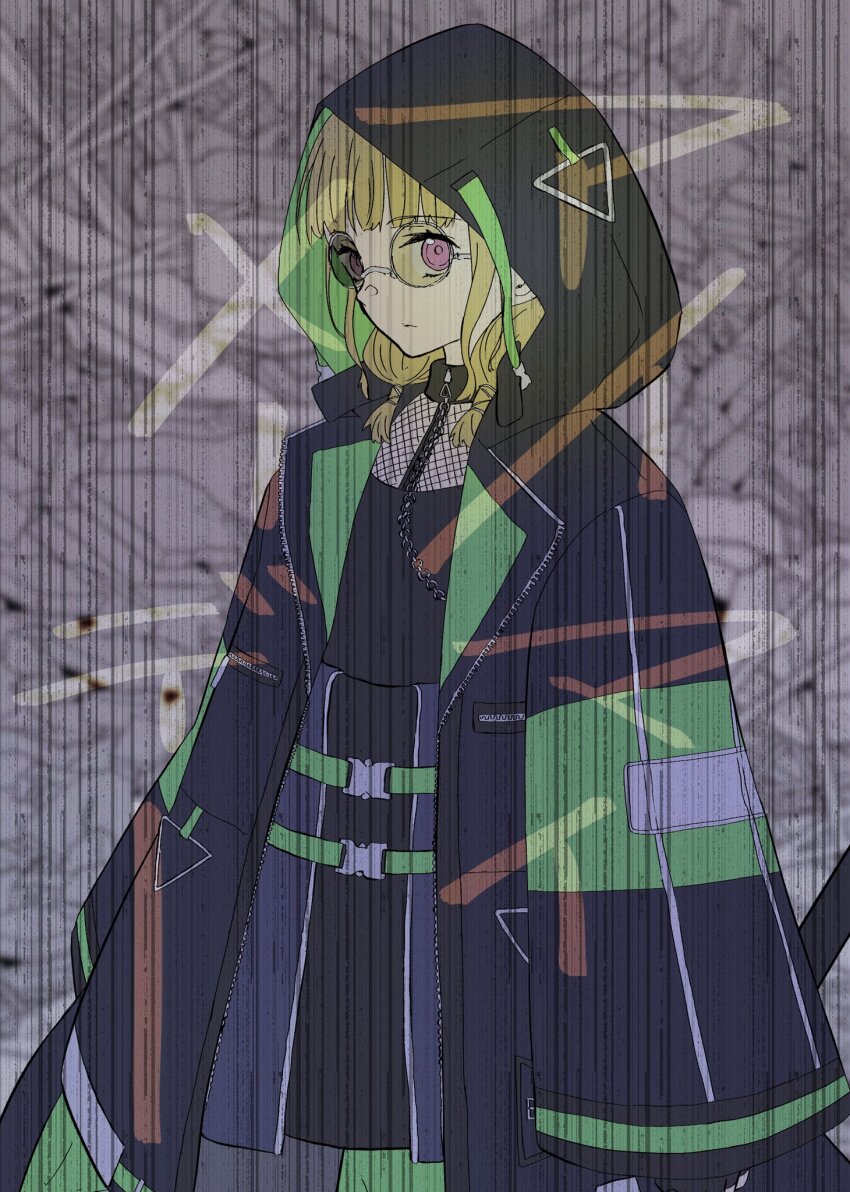 1girl i_my_mayday black_pantyhose black_raincoat black_skirt blunt_bangs brown_hair commentary_request cowboy_shot fishnet_top fishnets flat_chest glasses grey_background highres hood hood_up kachimachi_kosuzu link!_like!_love_live! love_live! low_twintails official_alternate_costume pantyhose pink_eyes raincoat round_eyewear short_twintails sidelocks skirt solo song_name standing twintails virtual_youtuber wewik