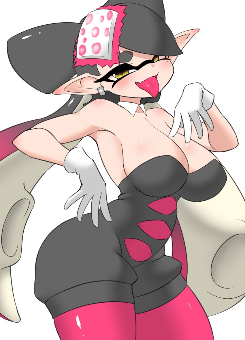 +_+ 1girl bare_shoulders breasts callie_(splatoon) earrings highres jewelry jumpsuit large_breasts looking_at_viewer nintendo pero_(pero7762) pointy_ears sleeveless splatoon_(series) tentacle_hair tongue tongue_out twintails white_background wide_hips yellow_eyes