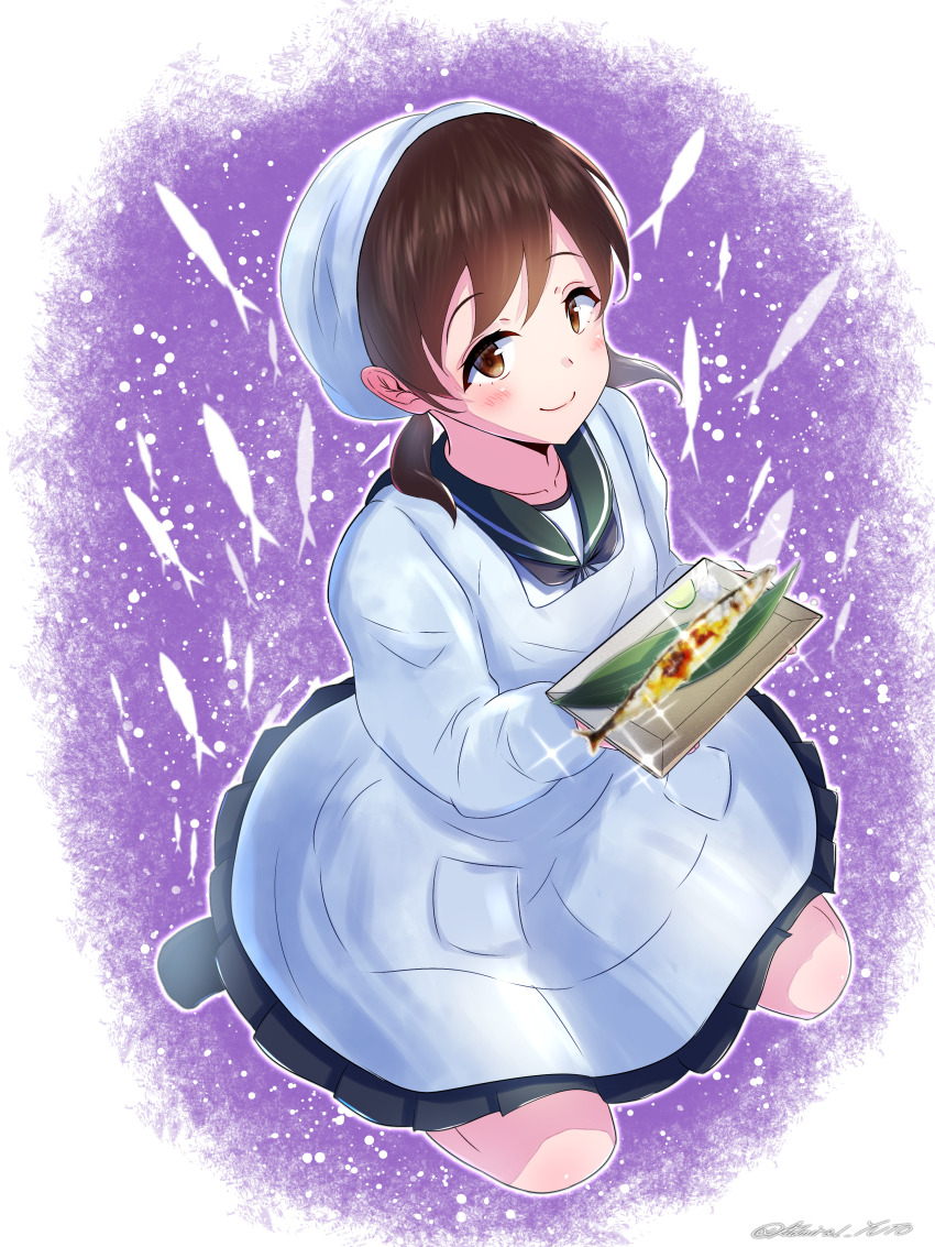 1girl absurdres apron black_neckerchief blue_skirt brown_eyes brown_hair fish food green_sailor_collar headscarf highres holding kantai_collection kappougi looking_at_viewer low_twintails neckerchief official_alternate_costume pleated_skirt sailor_collar saury shirayuki_(kancolle) shirayuki_(saury_festival)_(kancolle) short_twintails simple_background sitting skirt solo twintails twitter_username white_headscarf yoko_hata