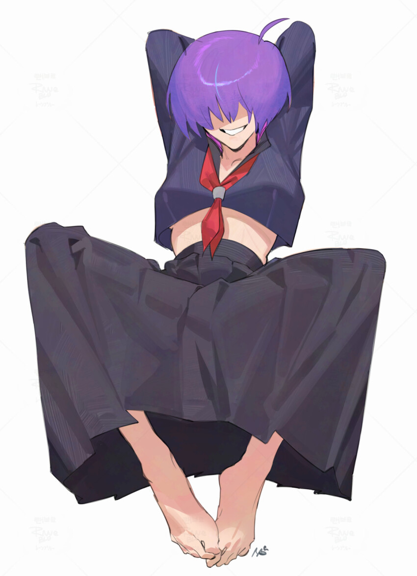 1girl ahoge arms_behind_head barefoot black_skirt breasts crop_top crop_top_overhang facing_viewer feet full_body grin hair_over_eyes highres mara_(raneblu) midriff neckerchief original purple_hair purple_shirt raneblu red_neckerchief sailor_collar school_uniform shirt short_hair signature simple_background sitting skirt small_breasts smile solo toes white_background