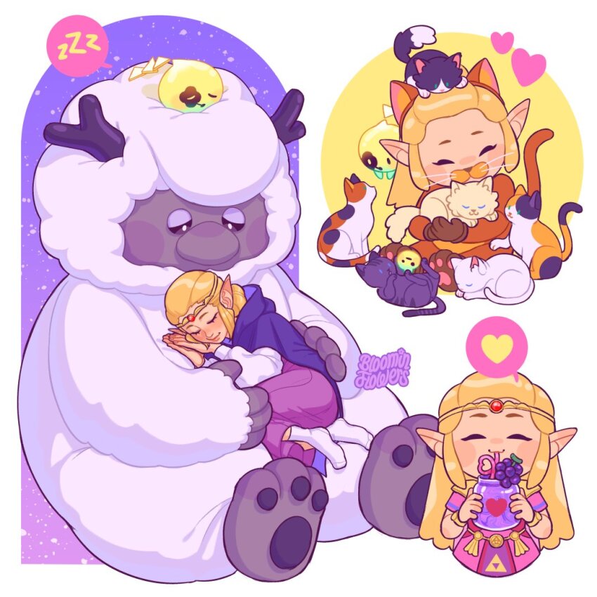 1girl animal_ears artist_name blonde_hair bloominflowers brown_gloves cat cat_ears circlet cloak closed_eyes conde dress gloves hood hooded_cloak long_hair multiple_views nintendo official_alternate_costume pink_dress pink_shirt pointy_ears ponytail princess_zelda purple_cloak sheep shirt smile socks the_legend_of_zelda the_legend_of_zelda:_echoes_of_wisdom tri_(zelda) two-tone_dress white_dress white_socks zzz