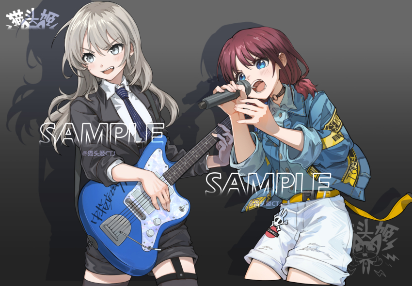 2girls belt bikini black_choker black_jacket black_shirt black_thighhighs blue_eyes blue_jacket blue_necktie blue_shirt blush brown_hair catowjeemson chinese_commentary choker collared_shirt commentary_request commission content_rating dress_shirt earrings electric_guitar garter_straps girls_band_cry grey_eyes grey_hair guitar highres instrument iseri_nina jacket jewelry kawaragi_momoka long_hair low_twintails multicolored_hair multiple_girls necktie o-ring o-ring_bikini open_clothes open_jacket open_mouth playing roots_(hair) sample_watermark shirt short_hair short_twintails shorts striped_necktie swimsuit teeth thighhighs three-quarter_sleeves twintails upper_teeth_only watermark white_shorts yellow_belt