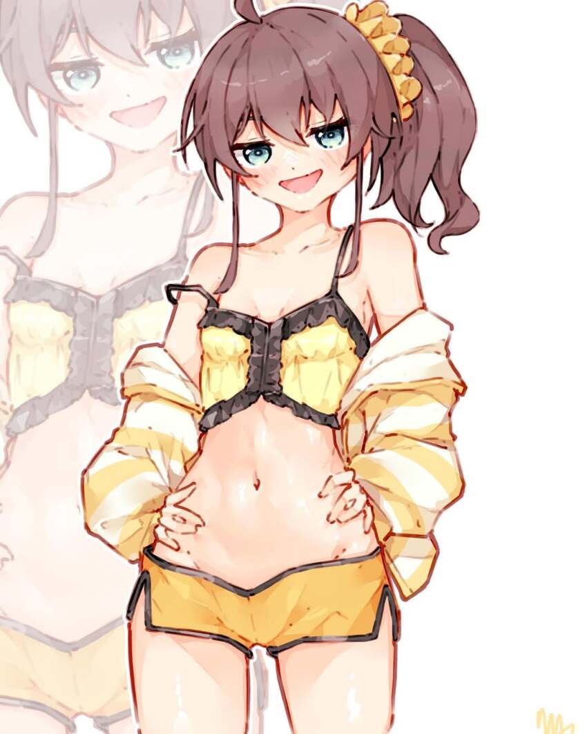 1girl brown_hair groin highres hololive ma_draws natsuiro_matsuri natsuiro_matsuri_(matsuri&#039;s_day_off) navel smile virtual_youtuber