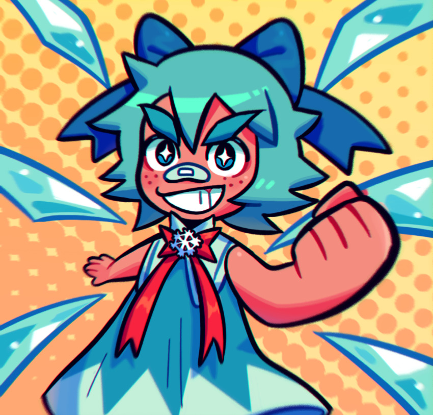 +_+ 1girl bandaid bandaid_on_face bandaid_on_nose blue_bow blue_dress blue_eyes blue_hair bow bowtie cirno cirno_day clenched_hand commentary cowboy_shot dress english_commentary freckles grin hair_bow halftone halftone_background ice ice_wings looking_at_viewer red_bow red_bowtie redinthesea short_hair sleeveless sleeveless_dress smile snowflake_brooch solo thick_eyebrows touhou v-shaped_eyebrows wings yellow_background