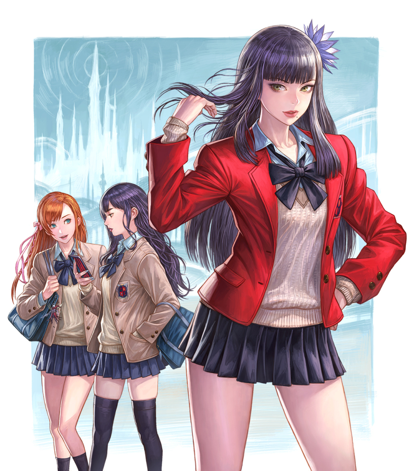 3girls arina_nary bag bang_(gesture) black_bow black_hair blazer blue_eyes bow breast_pocket cellphone final_fantasy final_fantasy_xiv finger_gun flower gaia_(ff14) hair_flower hair_ornament hand_on_own_hip highres hyur jacket long_hair mole mole_under_mouth multiple_girls orange_hair phone pleated_skirt pocket red_lips ryne_waters school_uniform skirt smartphone sweater yellow_eyes yotsuyu_goe_brutus