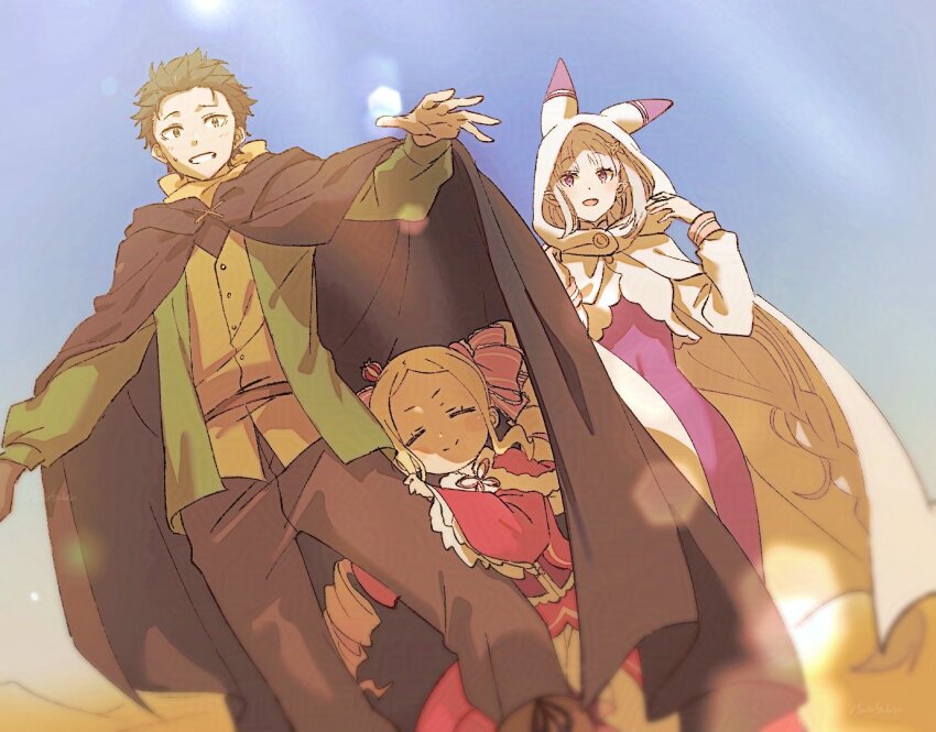 1boy 2girls beatrice_(re:zero) black_hair blonde_hair cape capelet cloak closed_eyes crown desert dress drill_hair emilia_(re:zero) fur-trimmed_capelet fur_trim green_eyes hair_ribbon harusabin hood hood_up lens_flare long_hair long_sleeves mini_crown multiple_girls natsuki_subaru open_mouth outdoors pants purple_eyes re:zero_kara_hajimeru_isekai_seikatsu red_capelet red_dress ribbon short_hair sidelocks smile twin_drills