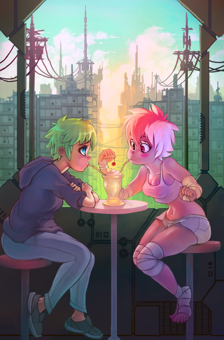 2girls absurdres ankle_wrap barefoot blue_eyes blue_sky blush breasts building cafe cherry city cloud couple crop_top crossed_arms denim drinking drinking_straw elbow_pads elbow_rest embarrassed eyelashes eyeliner food fruit green_hair highres hood hood_down hoodie ice_cream jeans leaning_forward legs_together looking_at_viewer makeup midriff multicolored_hair multiple_girls nail_polish navel no_socks original pants penny_(rtil) pink_hair pink_nails piper_(rtil) power_lines red_eyes rtil science_fiction shared_drink short_hair short_shorts shorts sitting sky sleeveless small_breasts soft_serve stool sundae sunset table tank_top toenail_polish toenails toes two-tone_hair utility_pole white_hair yuri